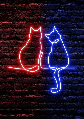 Neon Cats in Red and Blue on a dark Brick Wall background, male, female feline