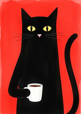 Black Cat Holding Coffee Mug