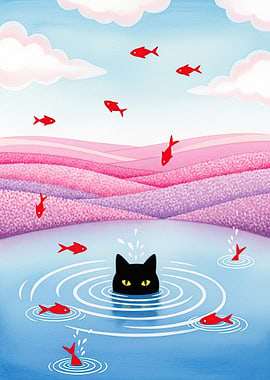Black cat in water with red fish