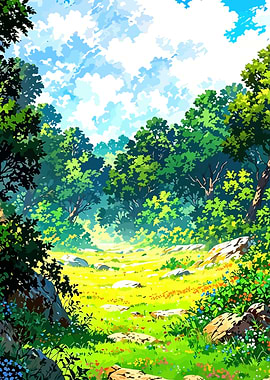 Lush Forest Clearing with Sunny Sky