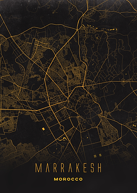 Marrakesh, Morocco - Golden City Streets Map, Wall Art Print