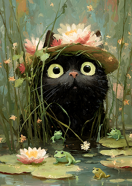 Black Cat in a Flower Hat with Frogs