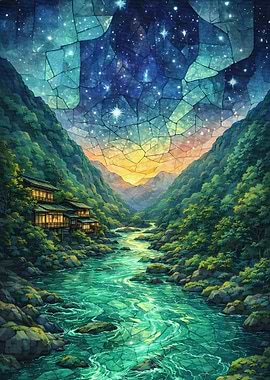 Stained Glass Mountain Valley at Night