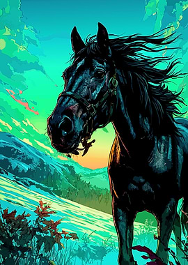 Majestic Black Horse in a Vibrant Landscape