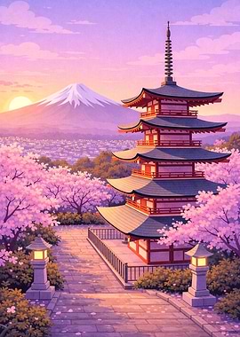 Sakura Sunset Over Mount Fuji