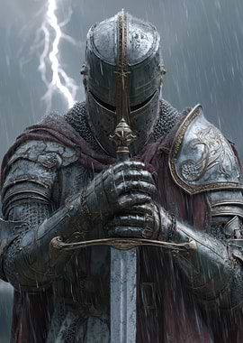 Knight in Armor Holding Sword in Rain