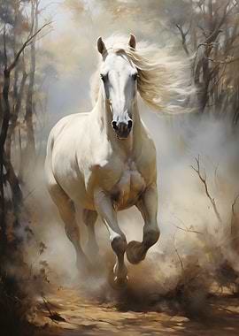 Majestic White Horse Running Through Forest