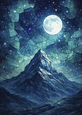 Mountain Under a Starry Moonlit Sky