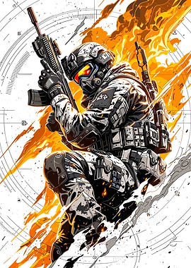 Soldier in Combat with Flames
