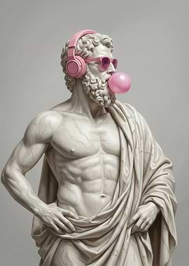 Statue with headphones and bubblegum