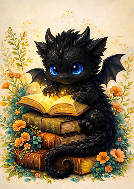 Cute Black Dragon Reading a Book