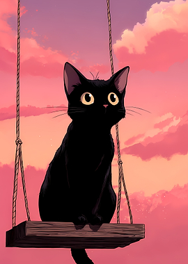 Black Cat on a Swing at Sunset