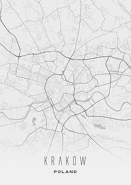Krakow, Poland - Minimal White City Streets Map, Wall Art Poster