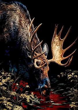 Moose Drinking from Red Water