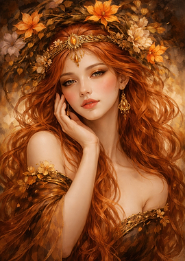 Fantasy Woman with Red Hair and Flowers