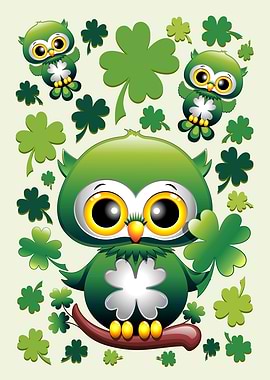 St Patrick Cute Green Owls and Shamrocks