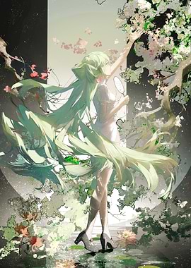 Girl with Green Hair and Flowers