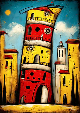 Chromatic Pisa Leaning Tower Abstract