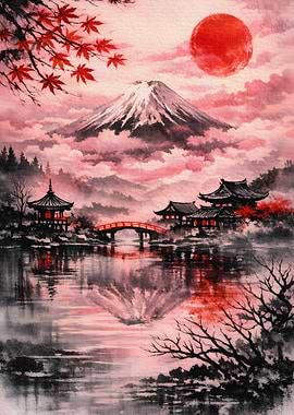 Mount Fuji with Japanese Pagodas and Red Sun