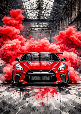 Red Nissan GT-R in Red Smoke