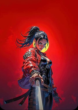 Woman with Katana on Red Background