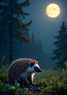Hedgehog in a moonlit forest