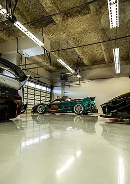 Race Cars in a Garage