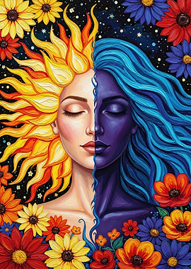 Sun and Moon Woman with Flowers