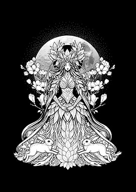 Moon Goddess with Rabbits and Flowers