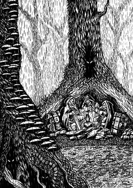 Fantasy Adventurers Huddled in Rain