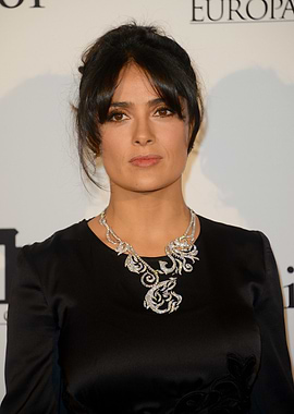 Salma Hayek in Black Dress and Diamond Necklace
