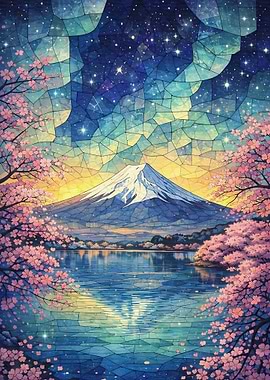 Mount Fuji with Cherry Blossoms and Starry Sky