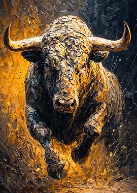 Powerful Charging Bull Oil Painting