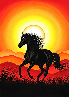 Black Horse Running at Sunset