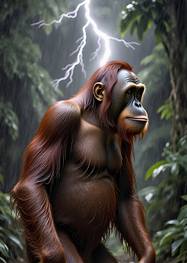 Orangutan in a thunderstorm