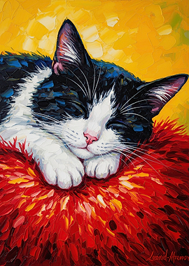 Sleeping Black and White Cat on Red Pillow