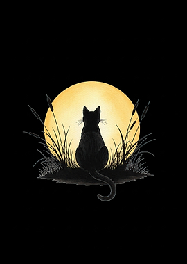 Black cat silhouetted against a full moon