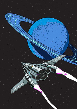 Spaceship flying past a ringed planet