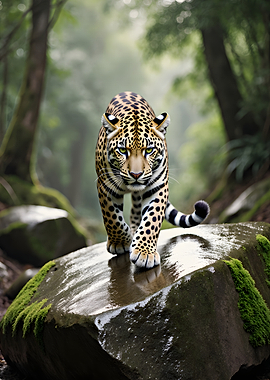 Jaguar walking on a wet rock