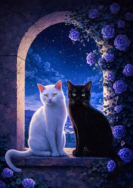 Two Cats on a Balcony at Night