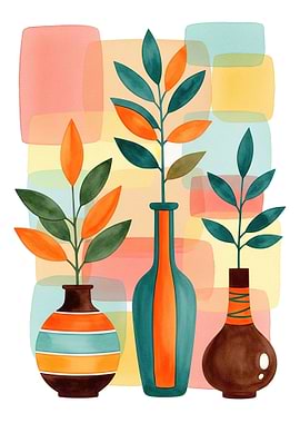 Abstract Floral Vases with Geometric Background