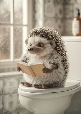 Hedgehog reading a book on a toilet