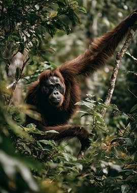 Orangutan in lush green forest