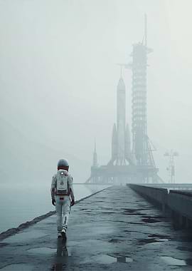 Astronaut walks towards rocket launchpad