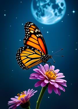 Monarch Butterfly on Purple Flower Under Moon