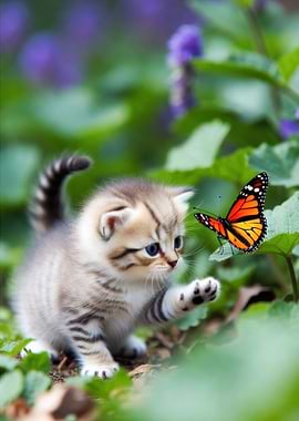 Kitten and Butterfly in Garden