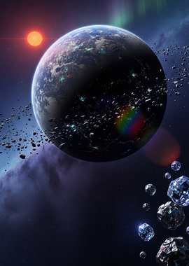 Alien Planet with Rings and Asteroids