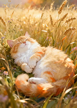 Fluffy Cat Sleeping in Wheat Field