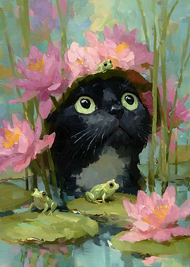 Black Cat with Frogs in Water Lilies