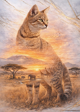 Cat superimposed on African savanna sunset